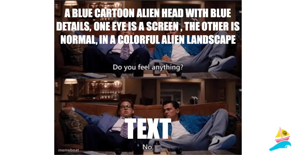 A blue cartoon alien head with blue details, one eye is a s…
